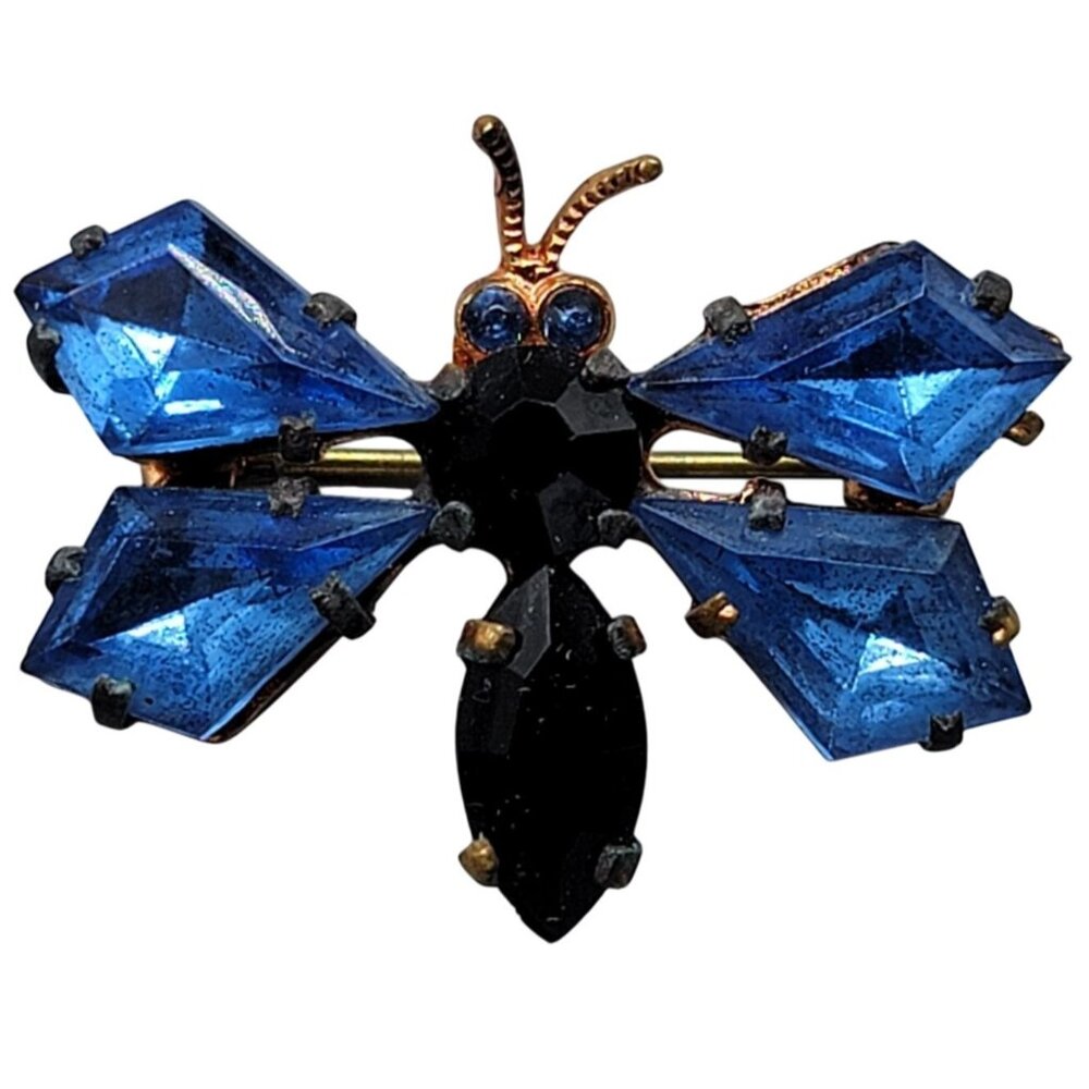 Vintage Czecho Art Glass Butterfly Brooch Pin Gold Tone Blue Bohemian Rhinestone